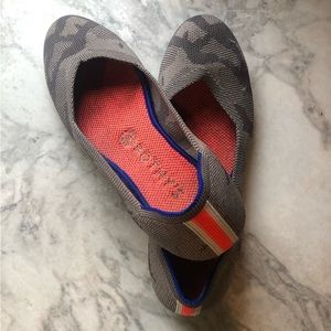 Rothy’s retired gray camo and neon orange camo round toe flats